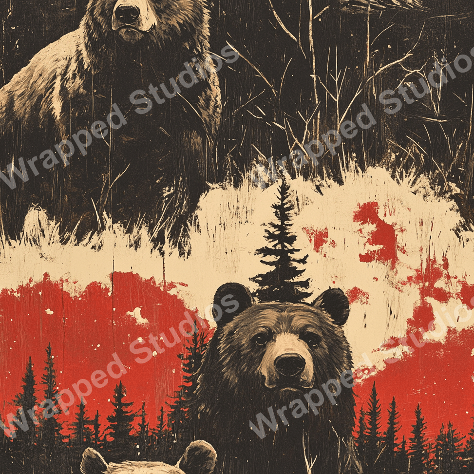 Rustic wildlife pattern featuring bears and forest elements in dark brown, cream, and red hues.
