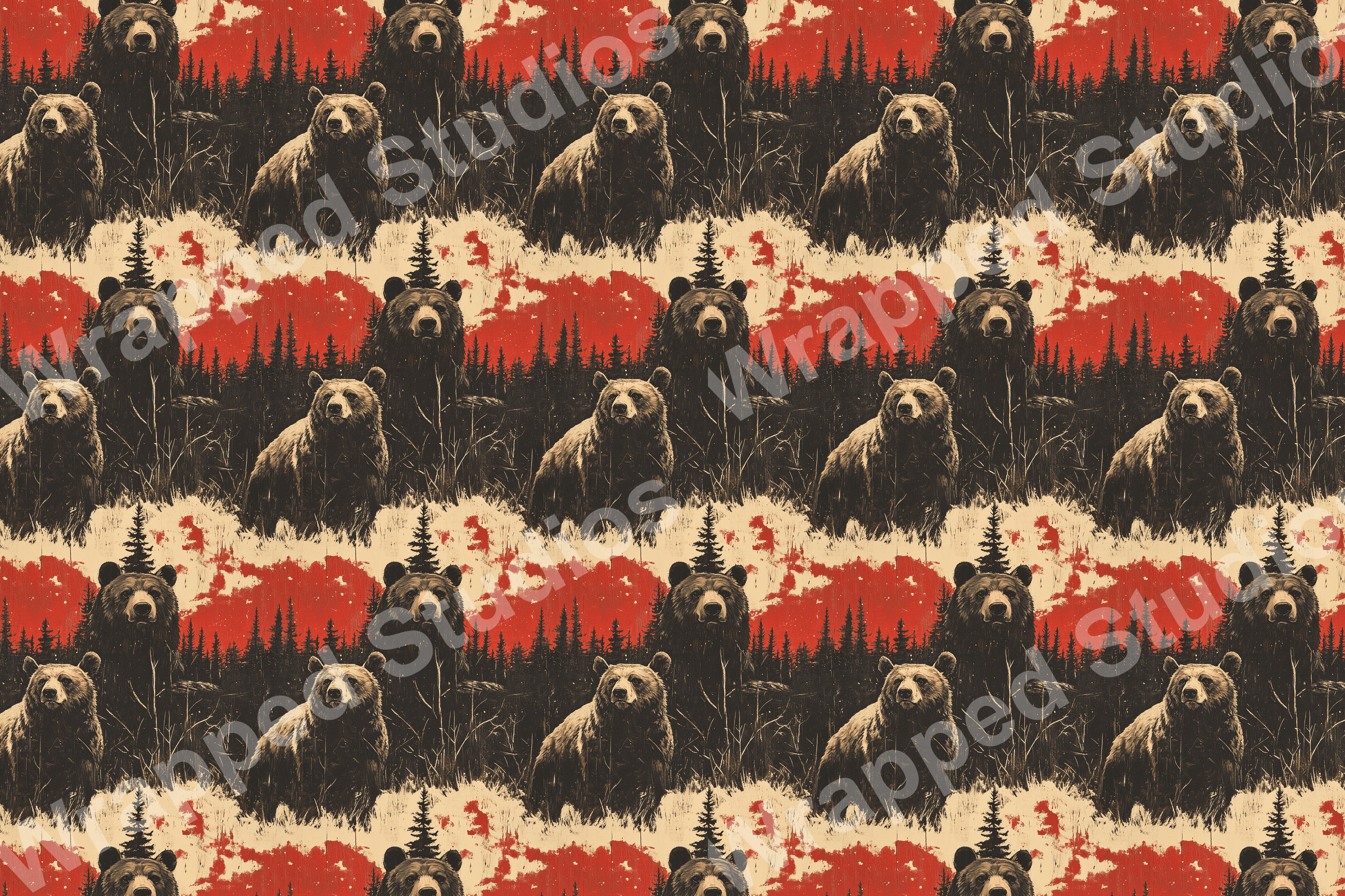 Rustic wildlife pattern with detailed brown bears and forest trees in red, cream, and black.