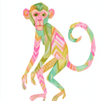 Colorful watercolor monkey illustration with playful geometric patterns in pink, green, and yellow.