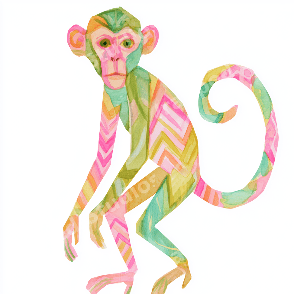 Colorful watercolor monkey illustration with playful geometric patterns in pink, green, and yellow.