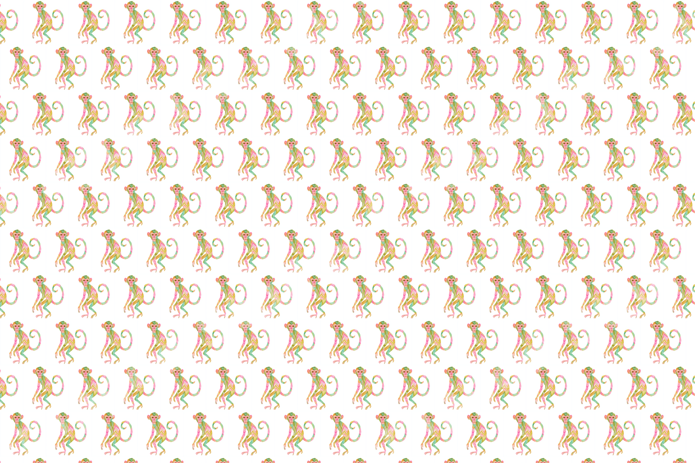 Playful watercolor monkey pattern featuring cute pastel green and pink repeating animal illustrations.