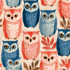 Whimsical seamless woodland owl pattern featuring hand-painted blue and coral owls with leaves.