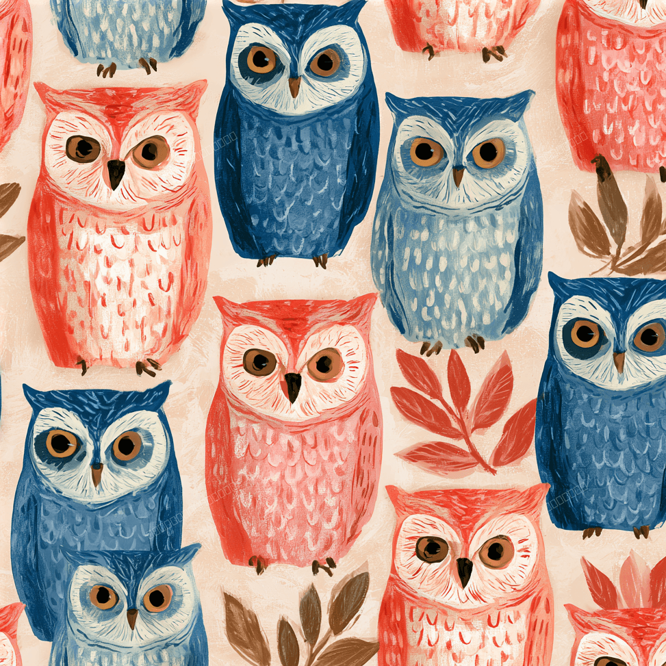 Whimsical seamless woodland owl pattern featuring hand-painted blue and coral owls with leaves.