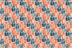 Whimsical owl pattern featuring hand-drawn blue and coral owls with botanical leaves on cream.