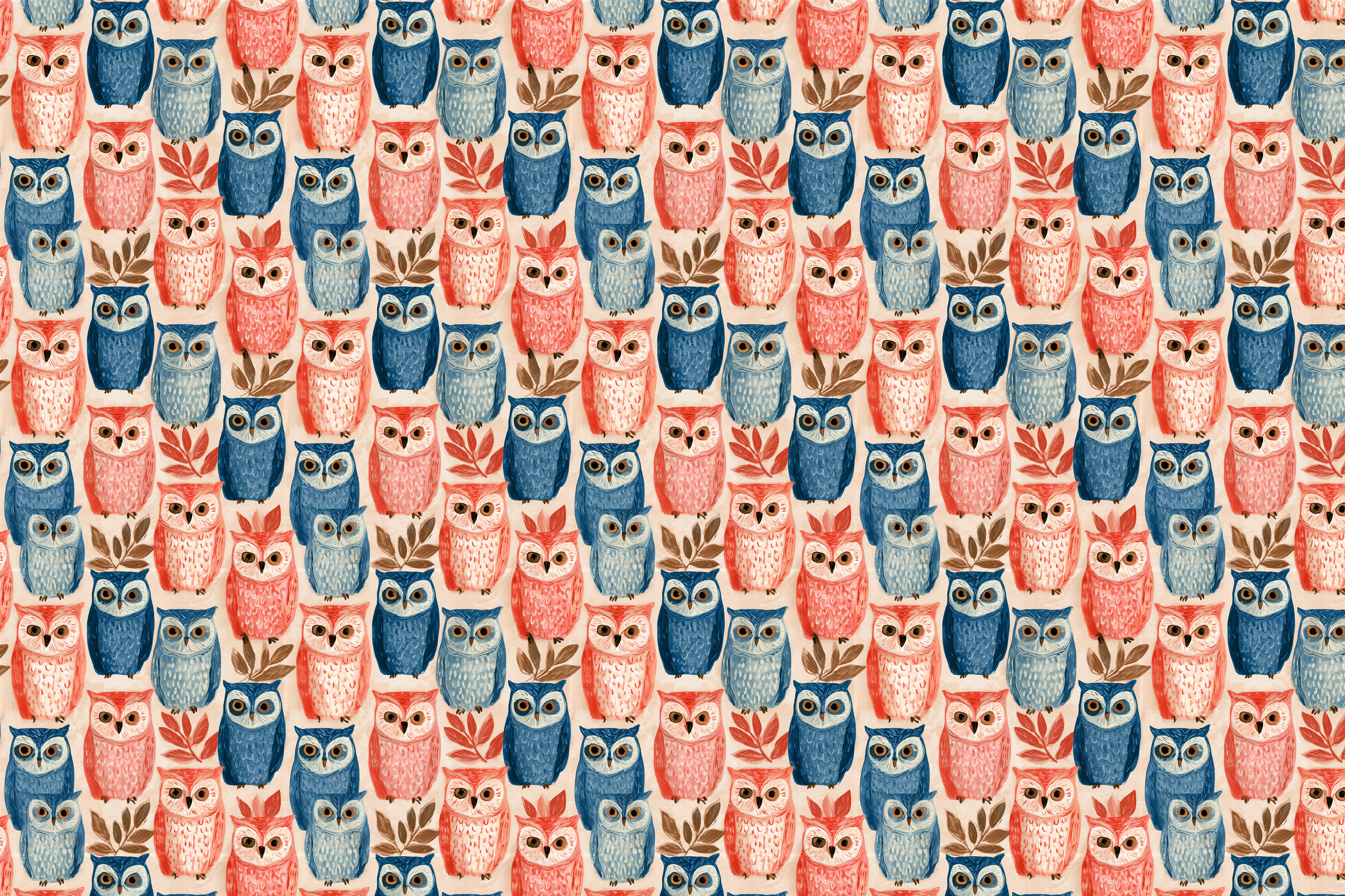 Whimsical owl pattern featuring hand-drawn blue and coral owls with botanical leaves on cream.