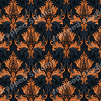 Elegant vintage damask pattern with ornate copper orange scrollwork on a dark navy blue background.