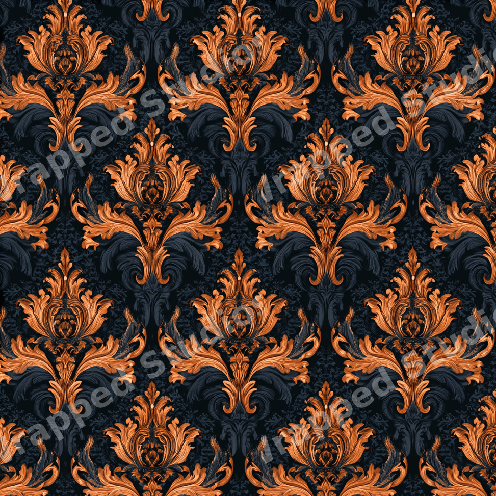 Elegant vintage damask pattern with ornate copper orange scrollwork on a dark navy blue background.