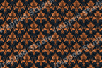 Elegant vintage damask pattern with copper orange and navy blue baroque floral motifs.