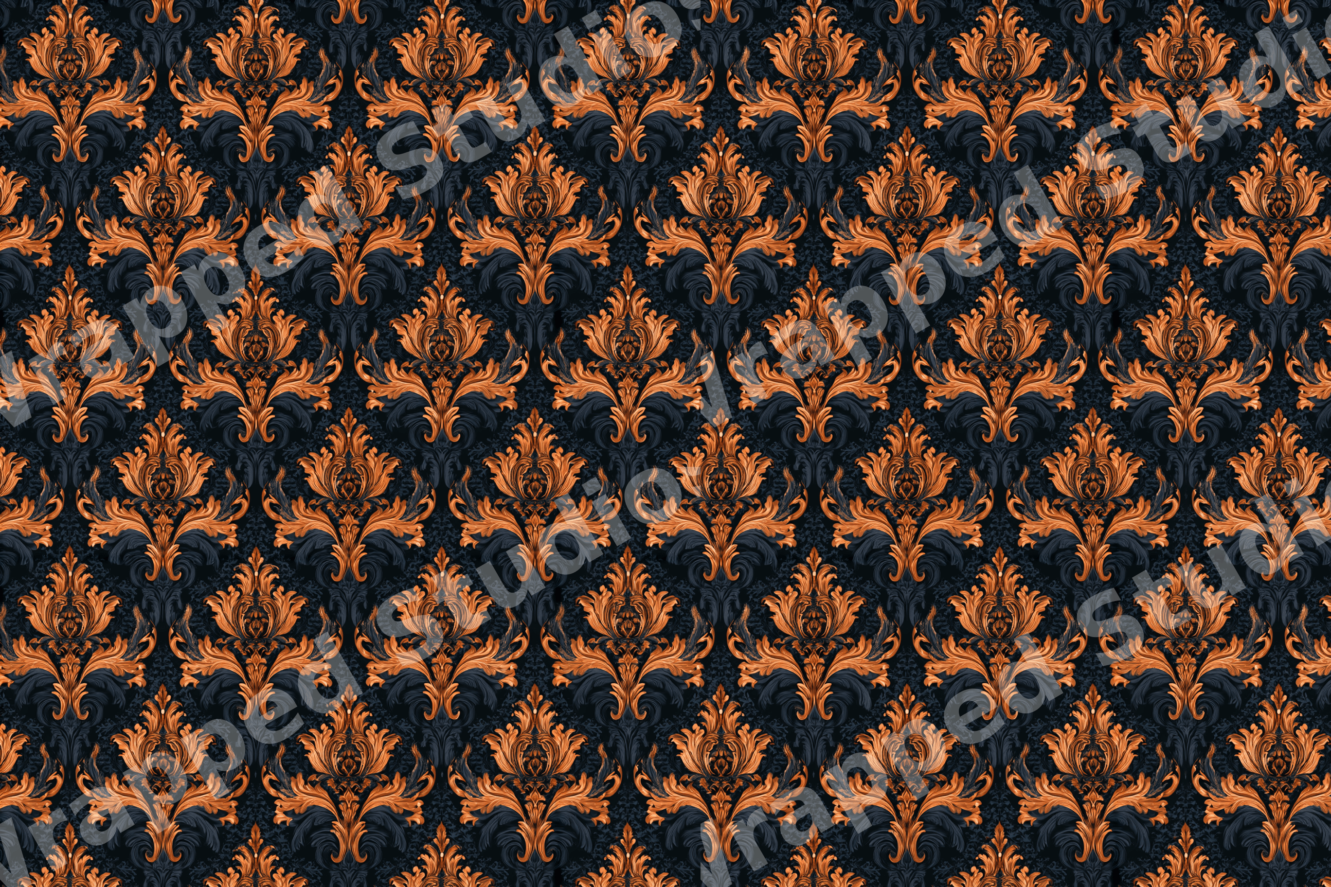 Elegant vintage damask pattern with copper orange and navy blue baroque floral motifs.