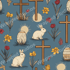 Easter pattern with bunnies, crosses, daffodils, tulips, and decorated eggs on a blue background.