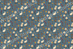 Classic Easter pattern with bunnies, crosses, decorated eggs, and spring florals on a blue background.