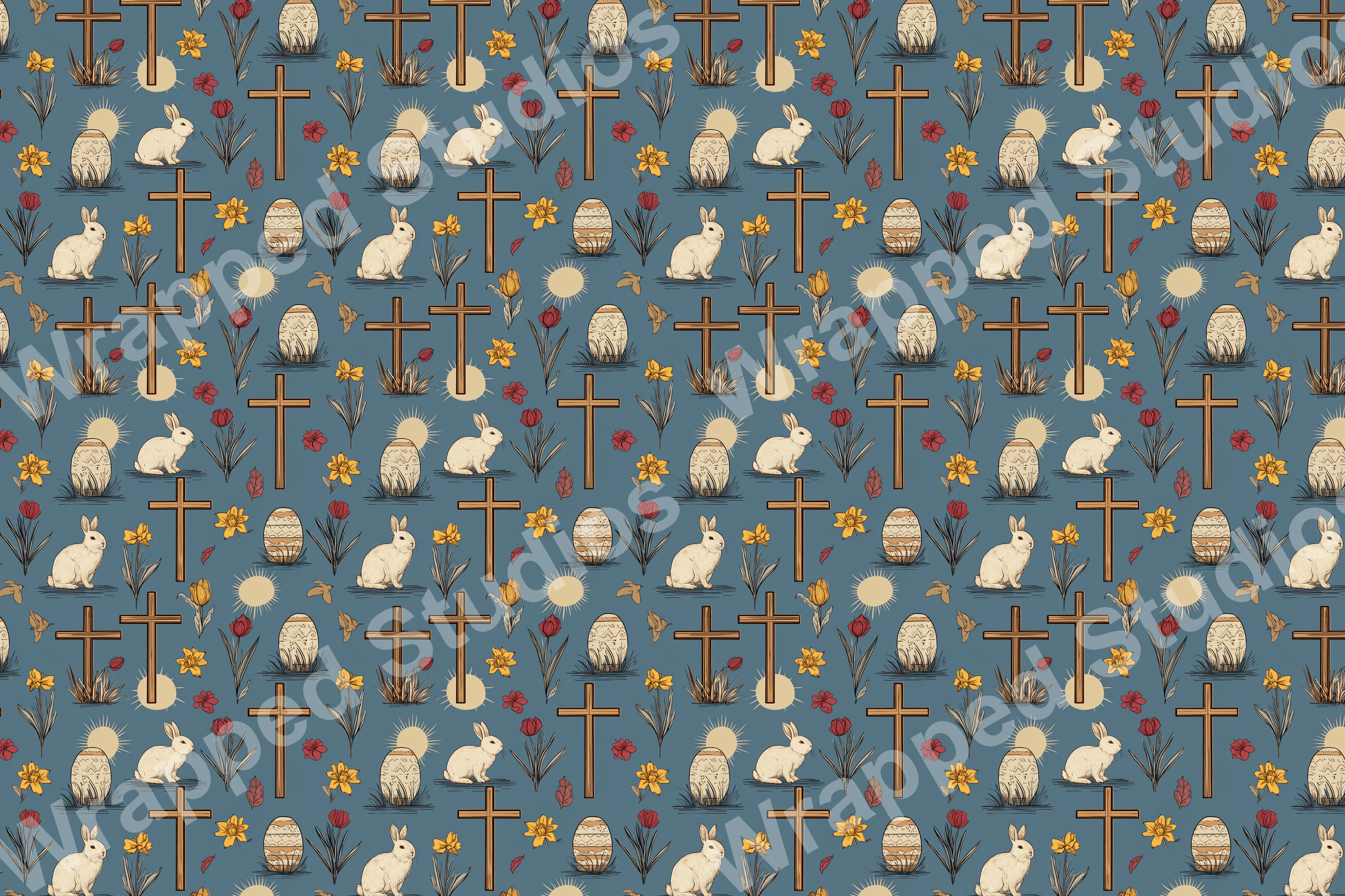 Classic Easter pattern with bunnies, crosses, decorated eggs, and spring florals on a blue background.