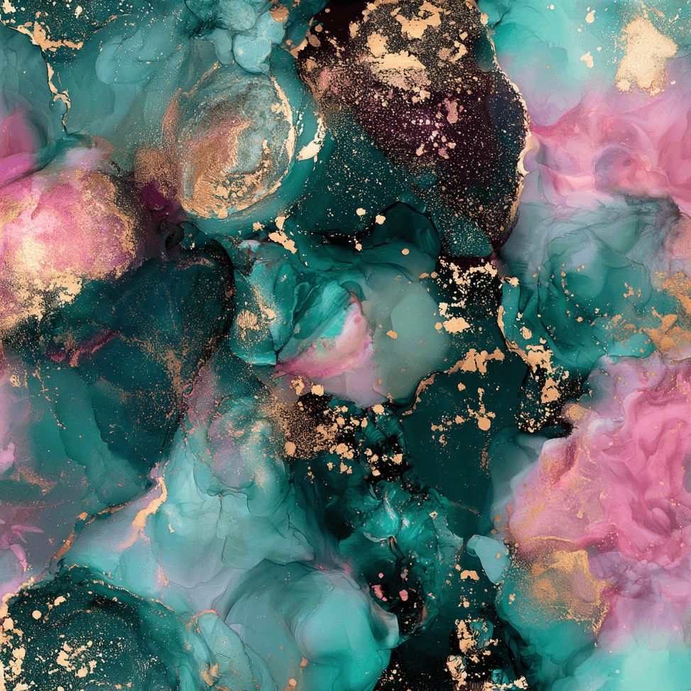 Elegant emerald green and pink alcohol ink pattern with fluid abstract textures and metallic gold foil.