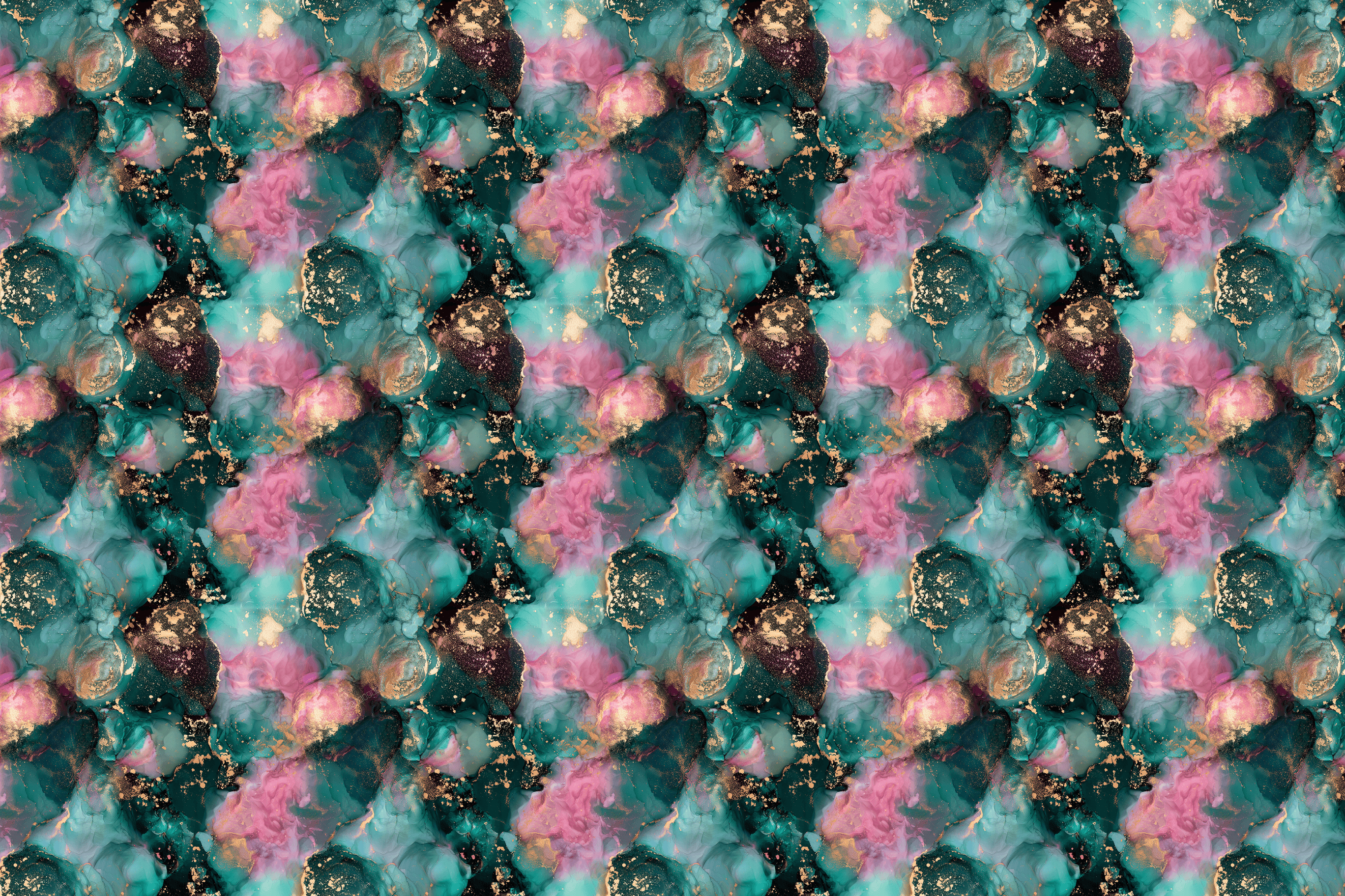 Modern abstract print with swirling teal and pink alcohol ink and metallic gold glitter.