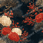 Vintage botanical pattern with red peonies and gold pine branches on a dark navy background.