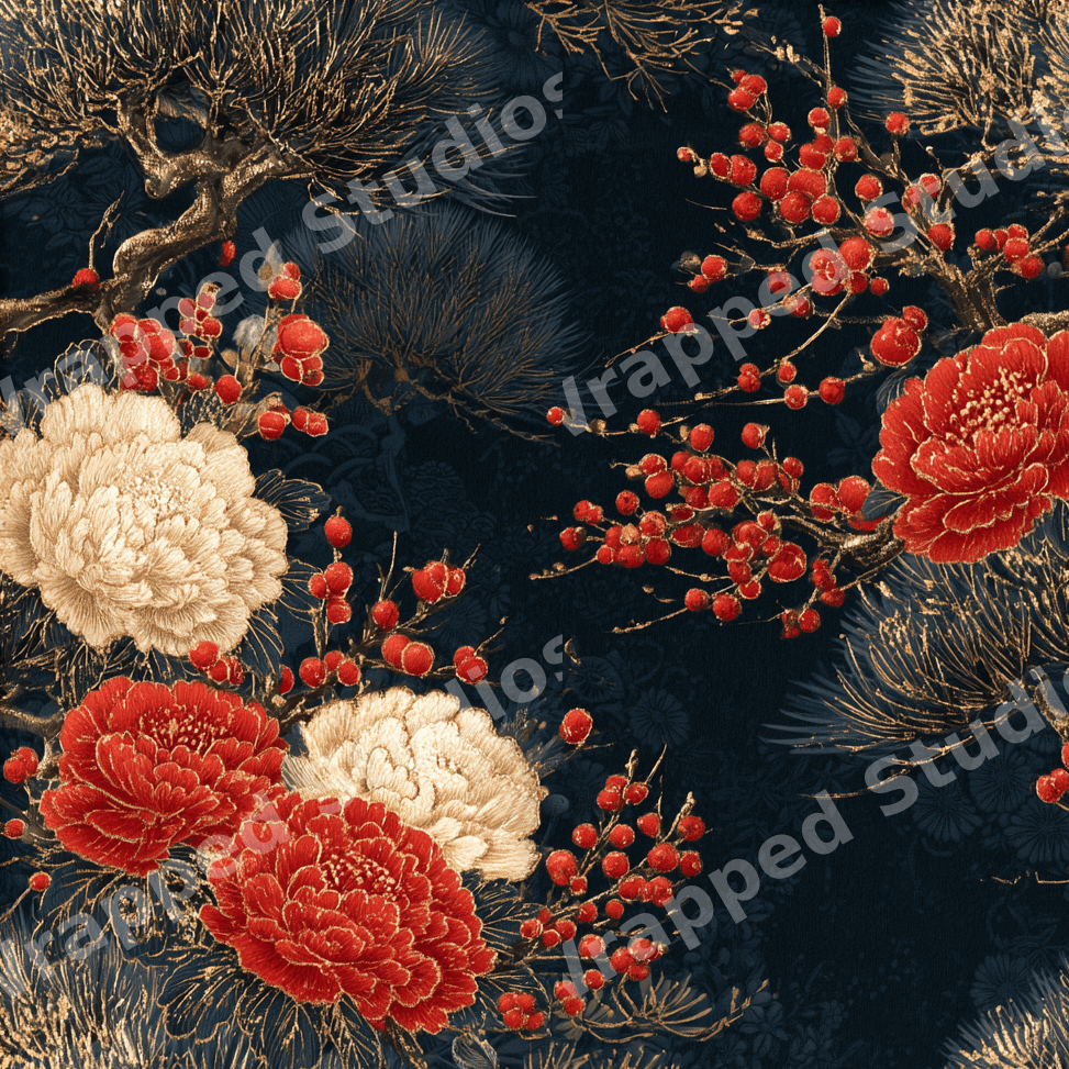 Vintage botanical pattern with red peonies and gold pine branches on a dark navy background.