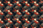 Vintage botanical floral pattern with red peonies and gold pine branches on a dark navy background.