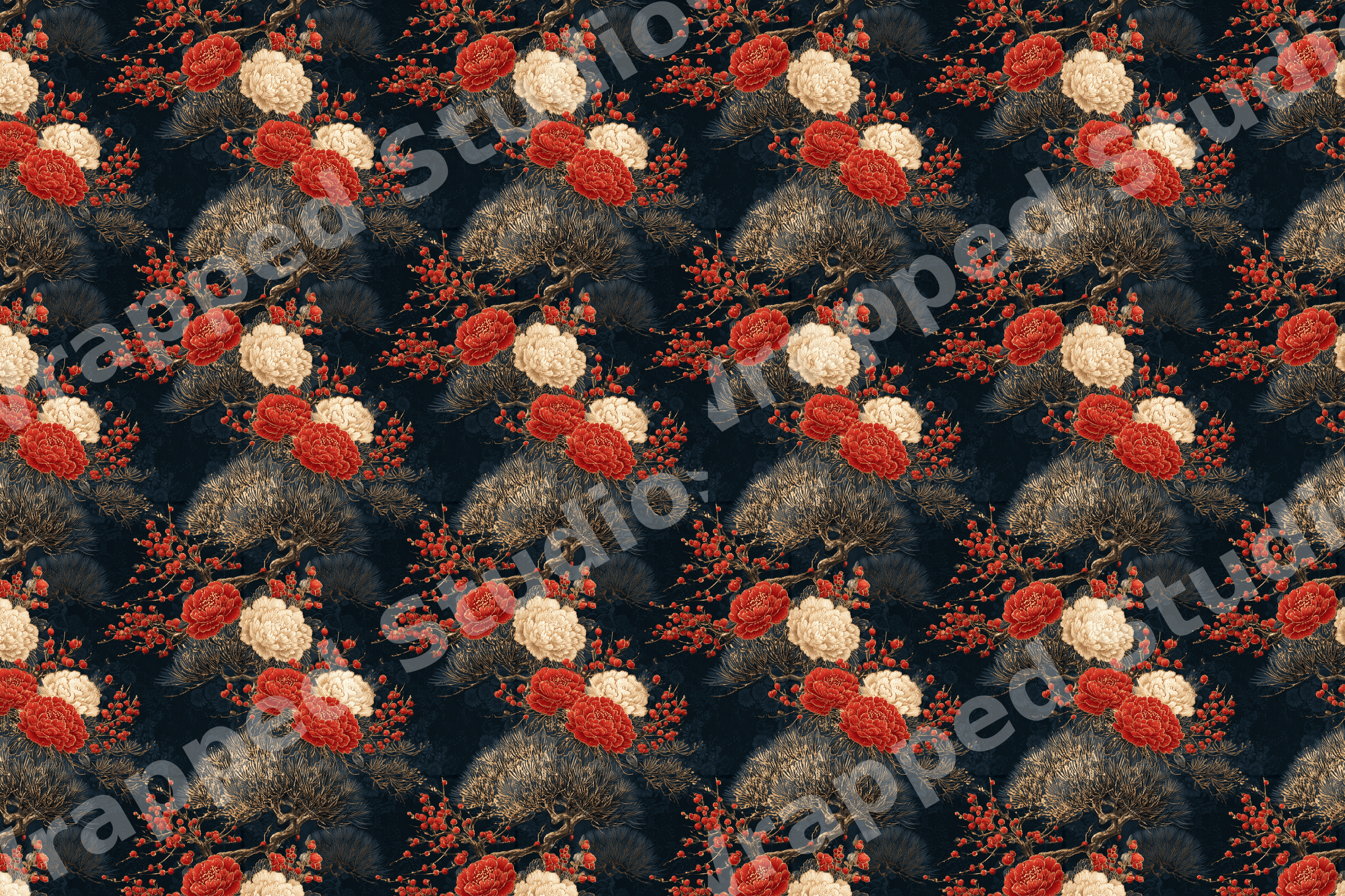 Vintage botanical floral pattern with red peonies and gold pine branches on a dark navy background.