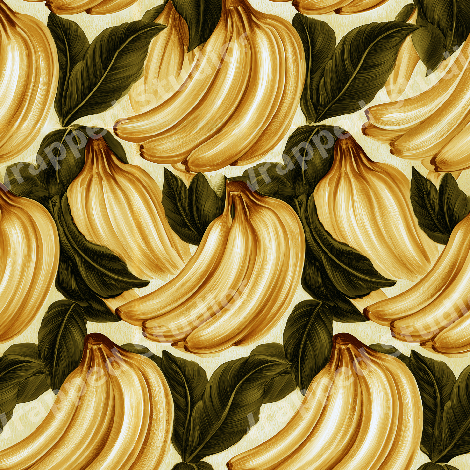 Seamless vintage tropical pattern featuring golden yellow bananas and dark green botanical leaves.