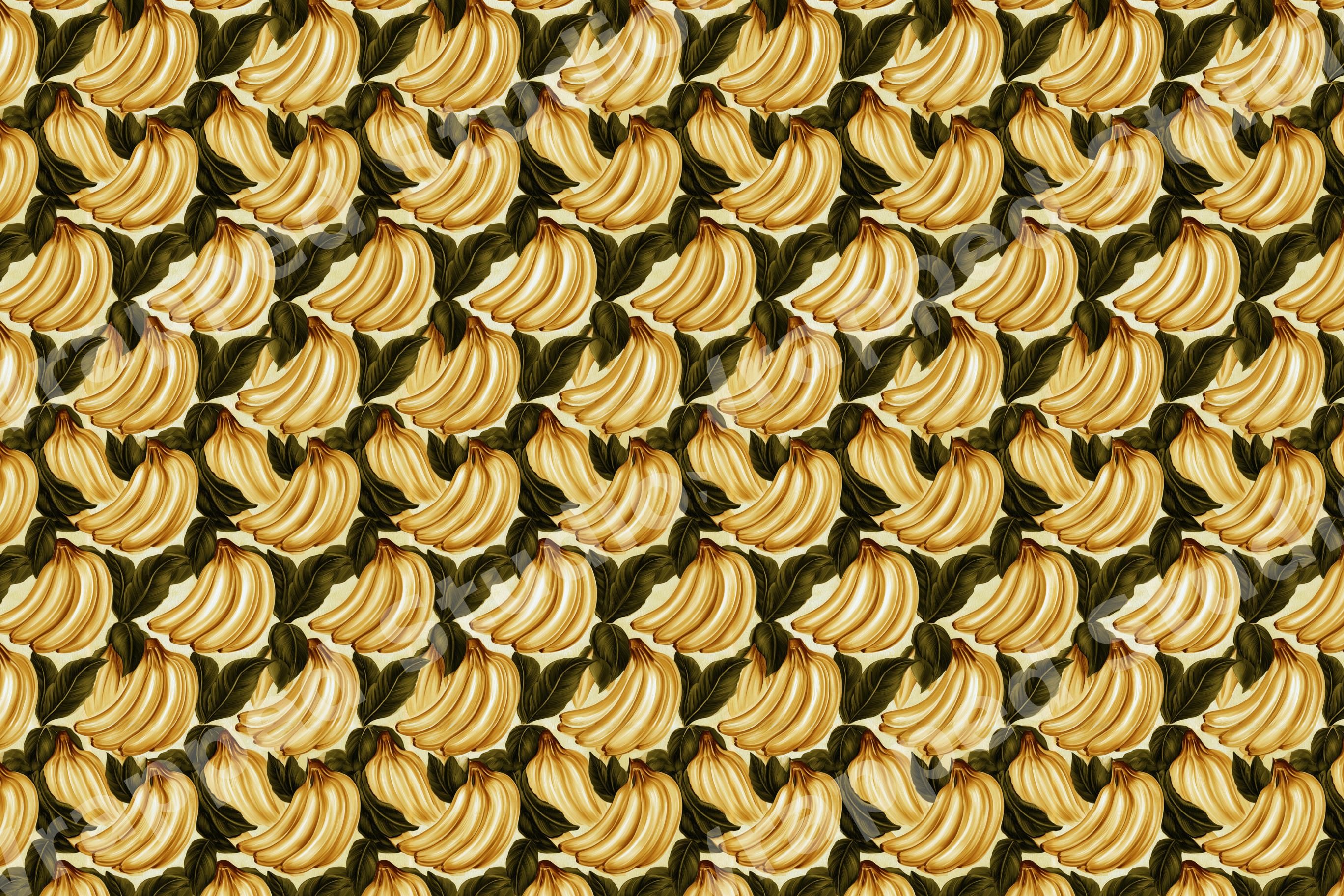 Vintage tropical pattern with repeating golden yellow banana bunches and dark green leaves.