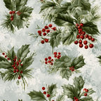 Seamless vintage botanical pattern with green holly leaves, pine needles, and red berries.