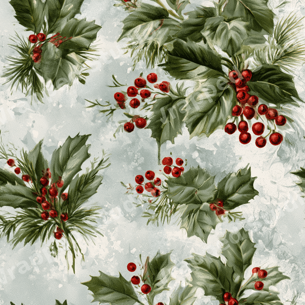 Seamless vintage botanical pattern with green holly leaves, pine needles, and red berries.