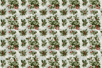 Vintage botanical Christmas pattern featuring green holly leaves and red berries on a textured background.