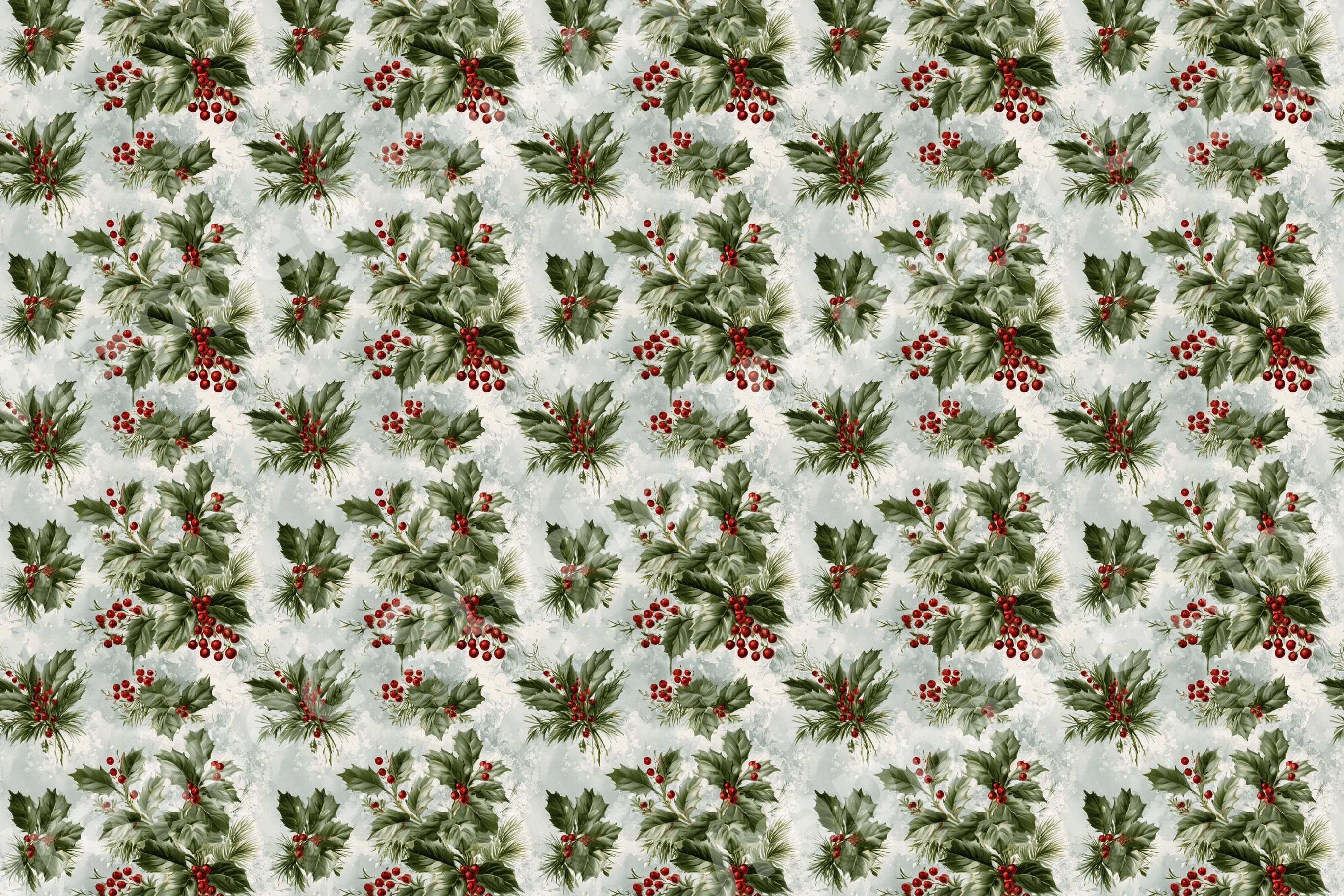 Vintage botanical Christmas pattern featuring green holly leaves and red berries on a textured background.