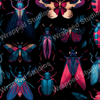 Seamless insect pattern with jewel-toned beetles and butterflies on a black background.