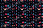 Intricate insect pattern with beetles and moths in shades of blue, red, and pink on a black background.