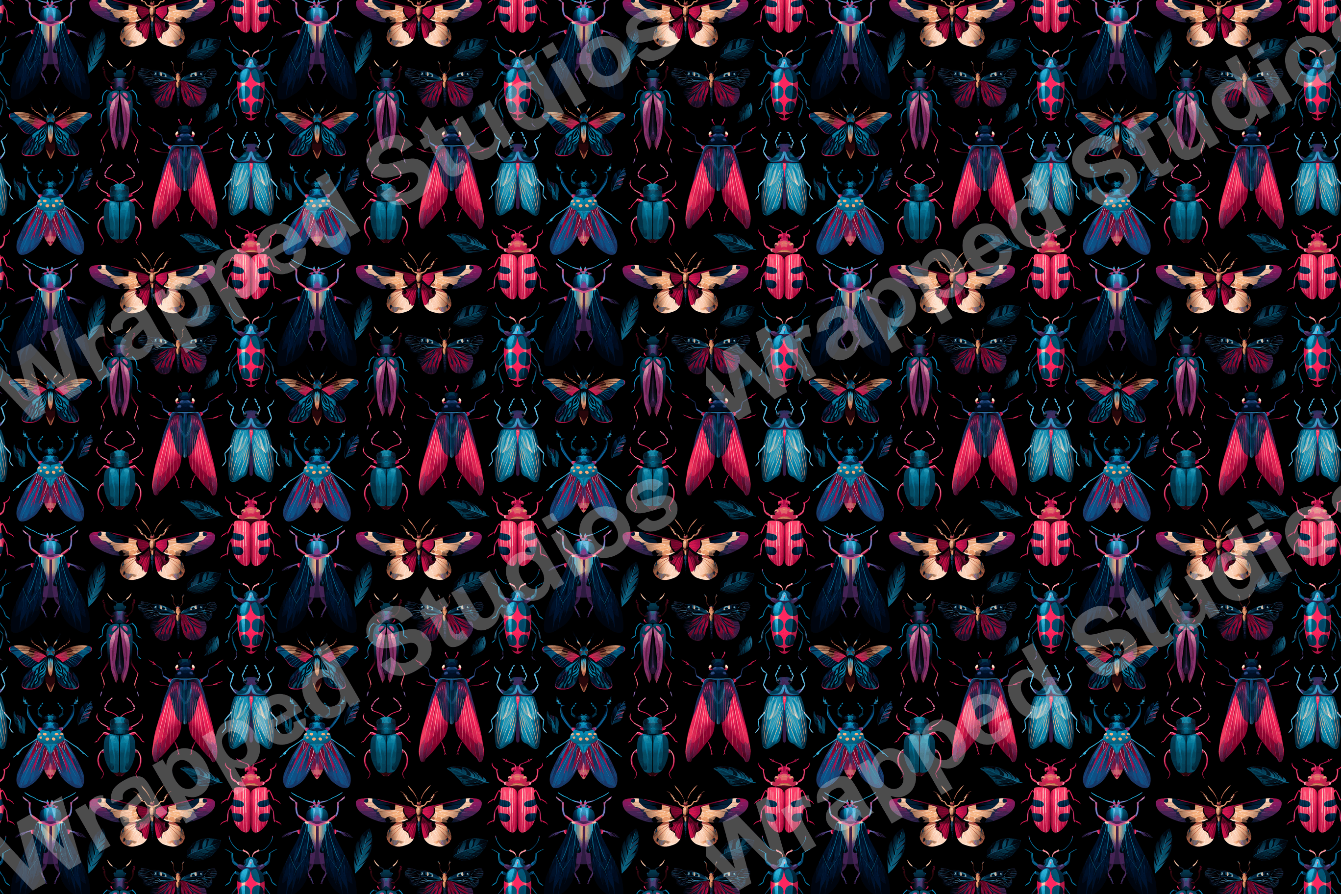 Intricate insect pattern with beetles and moths in shades of blue, red, and pink on a black background.