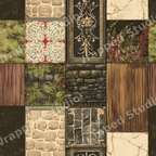 Rustic medieval patchwork pattern featuring stone walls, wood grain, green moss, and vintage floral tiles.