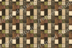 Rustic medieval patchwork pattern with stone, wood, and vintage botanical tiles in earthy green and brown.