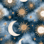 Boho celestial pattern with gold suns, crescent moons, and stars on a navy blue watercolor background.