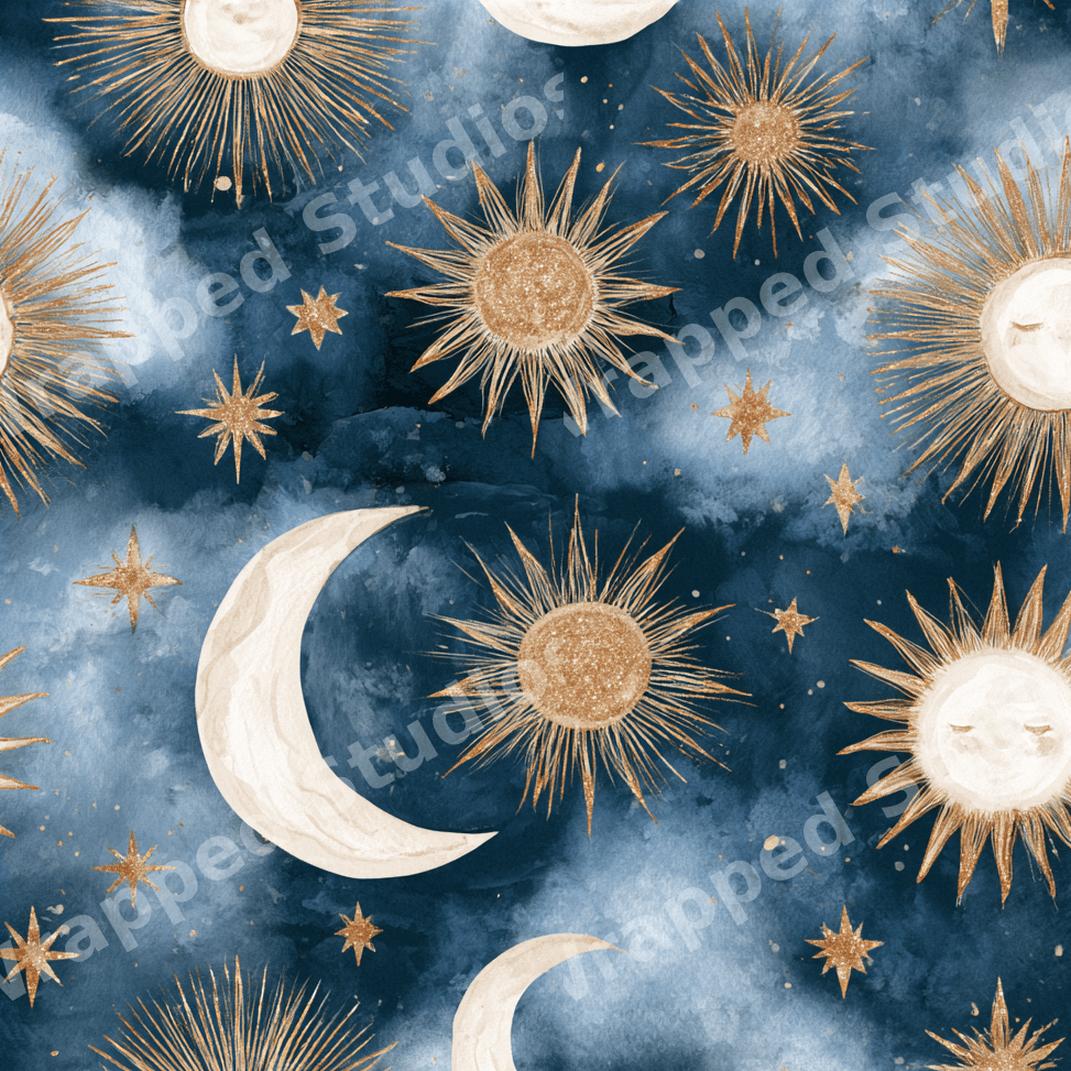 Boho celestial pattern with gold suns, crescent moons, and stars on a navy blue watercolor background.