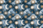 Celestial pattern with watercolor suns, crescent moons, and stars on a dreamy navy blue cloud background.
