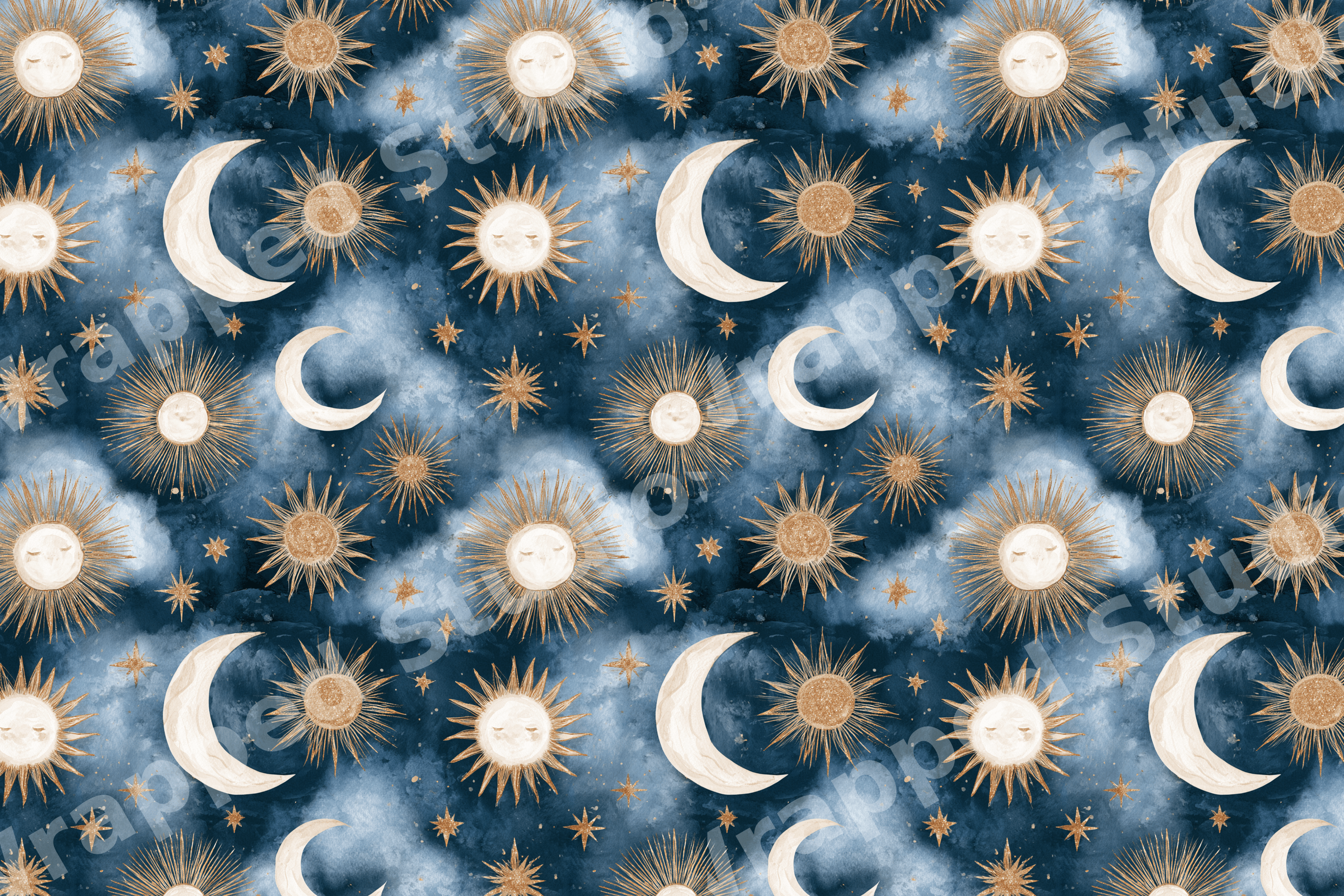 Celestial pattern with watercolor suns, crescent moons, and stars on a dreamy navy blue cloud background.