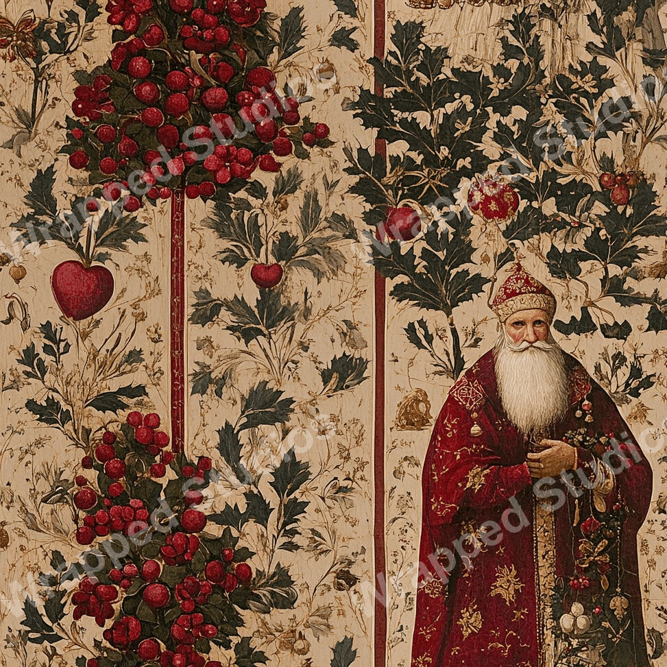 Vintage botanical design with red berries and holly leaves on a beige textured background.