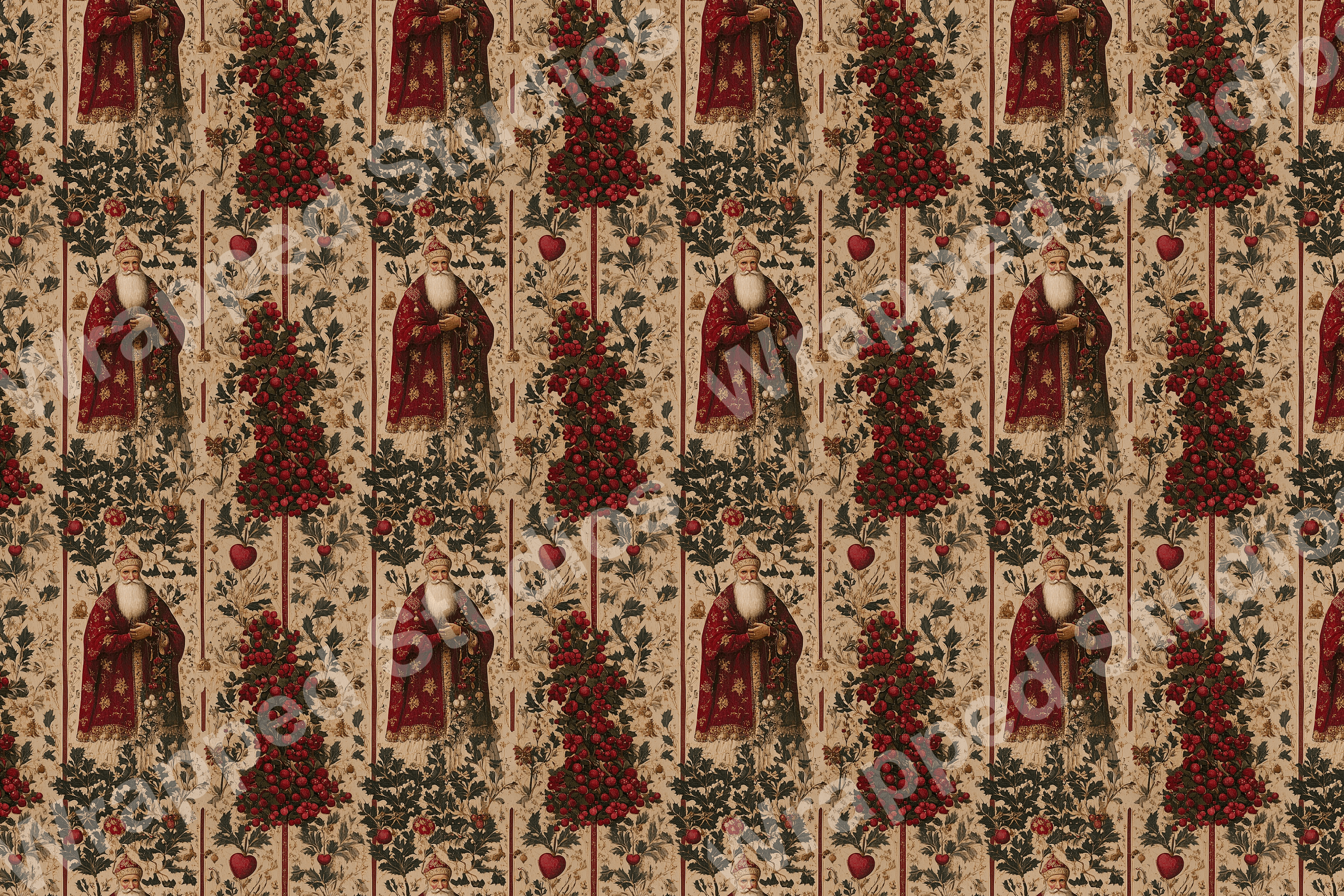 Vintage Santa Claus and holly berry tree seamless pattern in red, green, and beige.