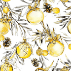 Watercolor holiday pattern with golden Christmas ornaments, pinecones and foliage.