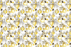 Watercolor pattern with golden holiday ornaments, pinecones and foliage on a white background.