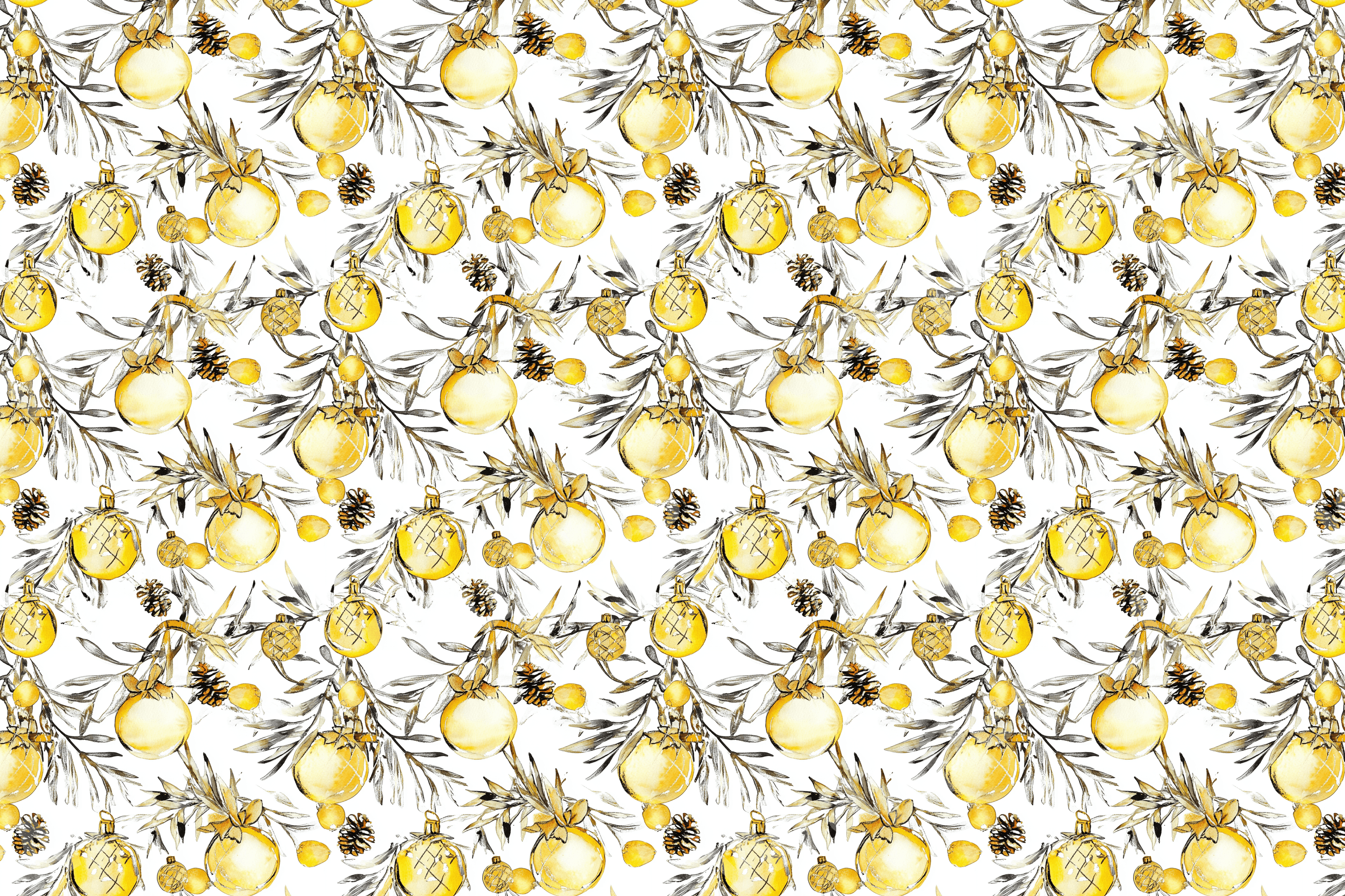 Watercolor pattern with golden holiday ornaments, pinecones and foliage on a white background.