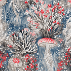 Whimsical coastal pattern with red and white jellyfish, coral reef plants, and starfish on a blue background.