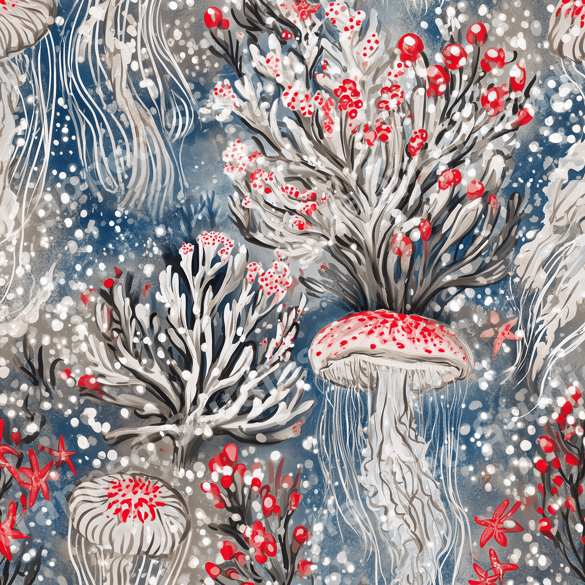 Whimsical coastal pattern with red and white jellyfish, coral reef plants, and starfish on a blue background.