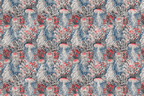 Whimsical cottagecore mushroom pattern with red berries and snowy botanicals on a navy blue background.