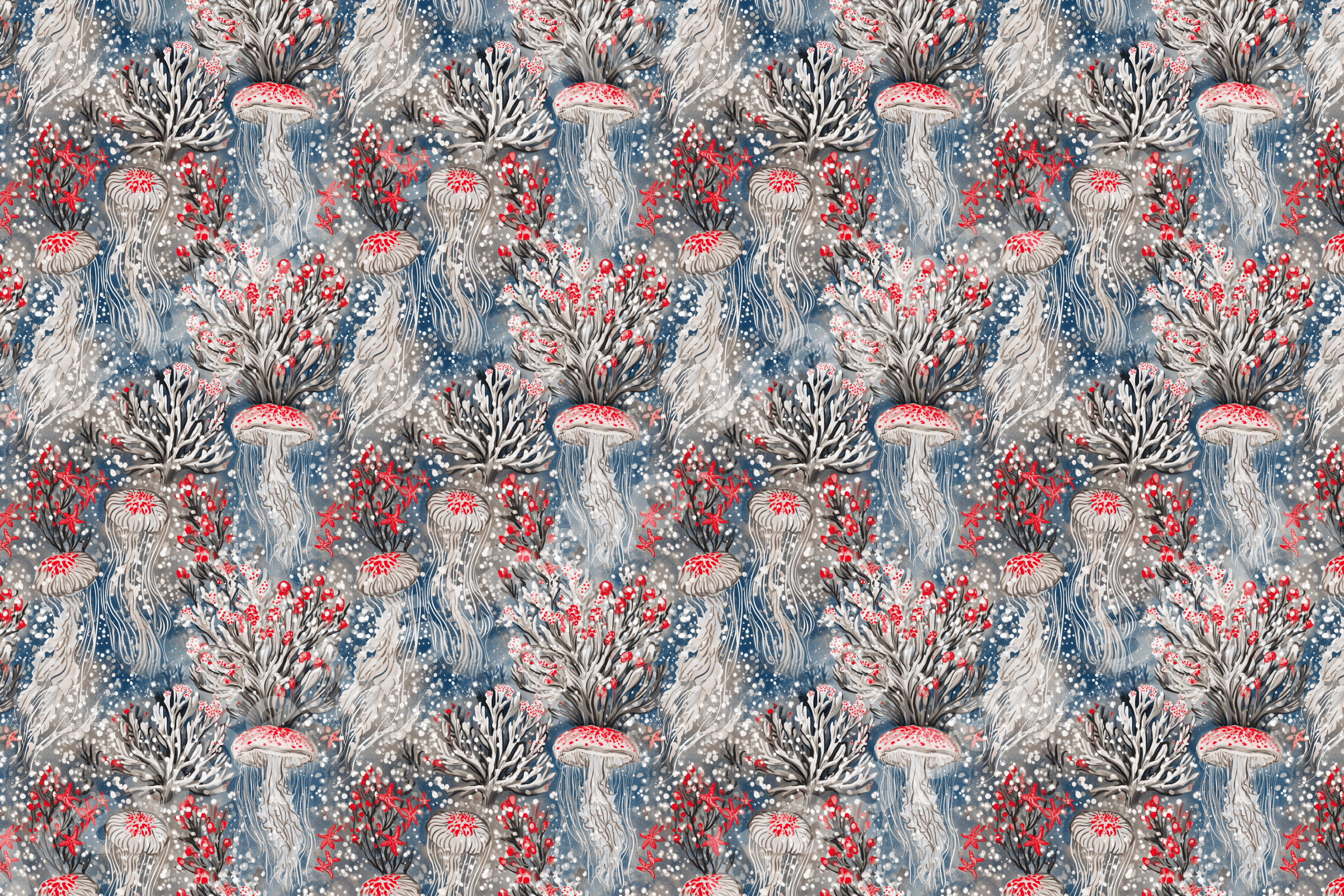 Whimsical cottagecore mushroom pattern with red berries and snowy botanicals on a navy blue background.