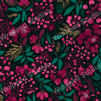 Dark floral pattern with magenta blossoms, berries, and teal foliage on black.