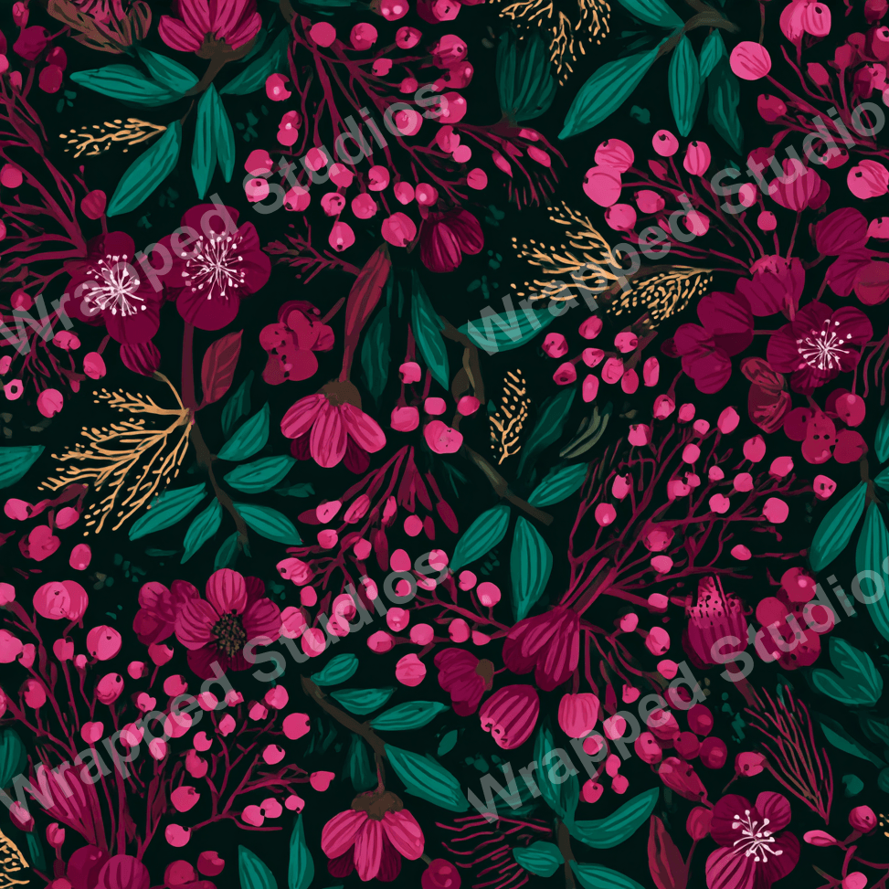 Dark floral pattern with magenta blossoms, berries, and teal foliage on black.