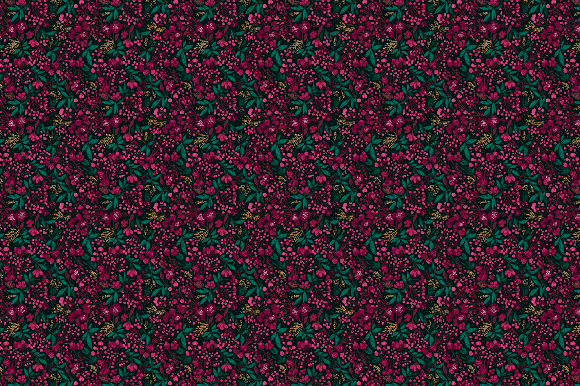 Patterned paper with pink and green botanical design on a dark background. Wrapped Studios wrapping paper