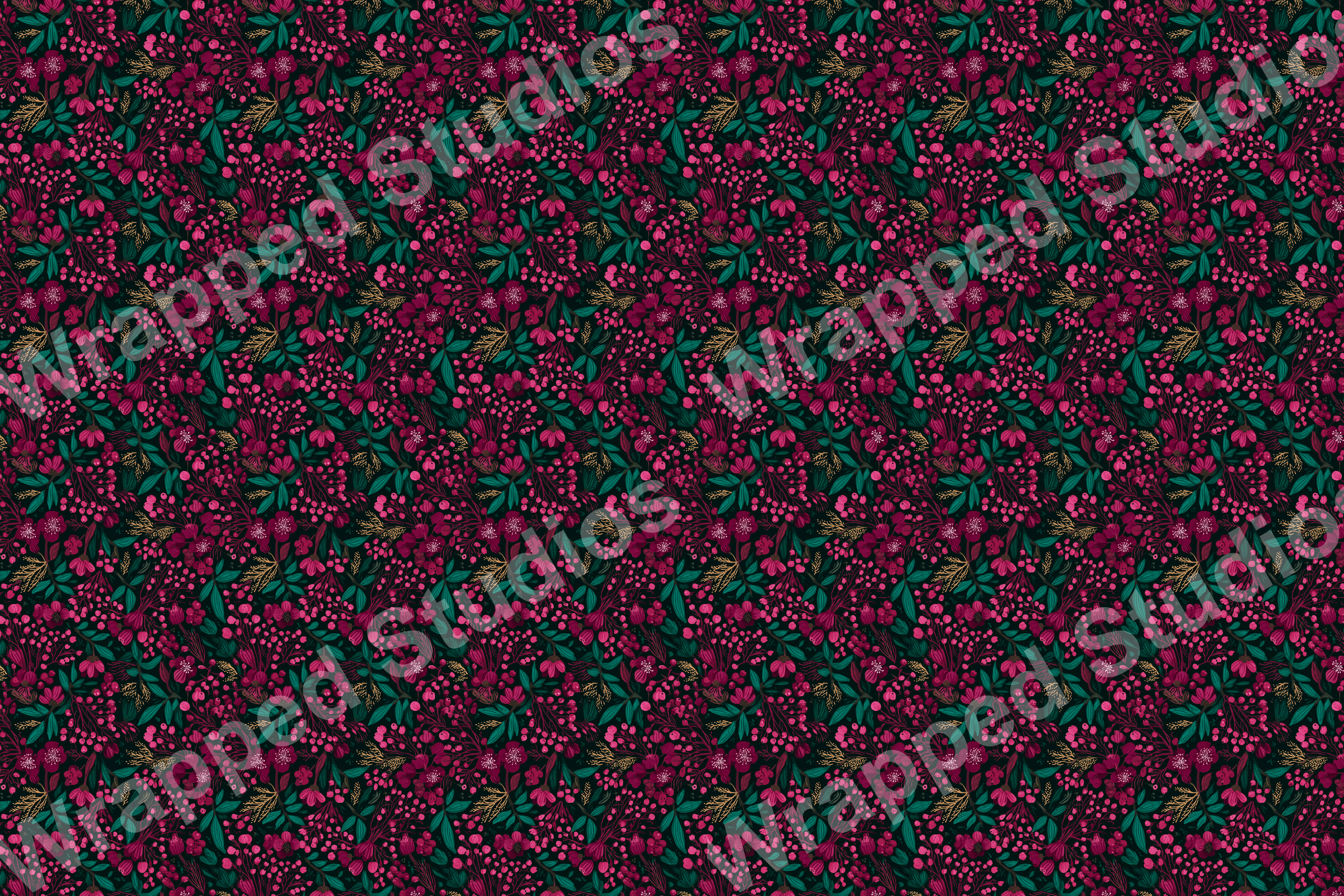 Dense floral pattern with berry clusters, stylized blossoms, and green foliage on a dark ground.